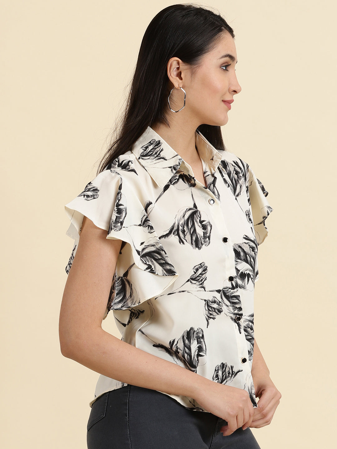 Women's Cream Printed Shirt Style Top