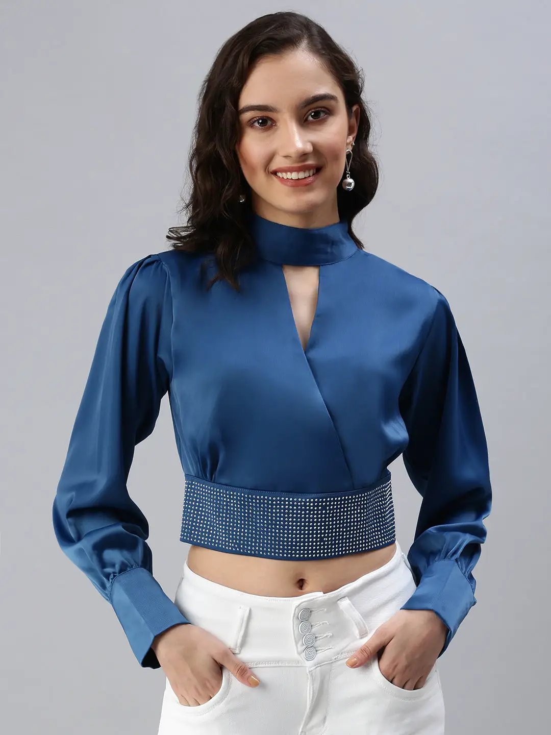 Women's Blue Embellished Crop Top