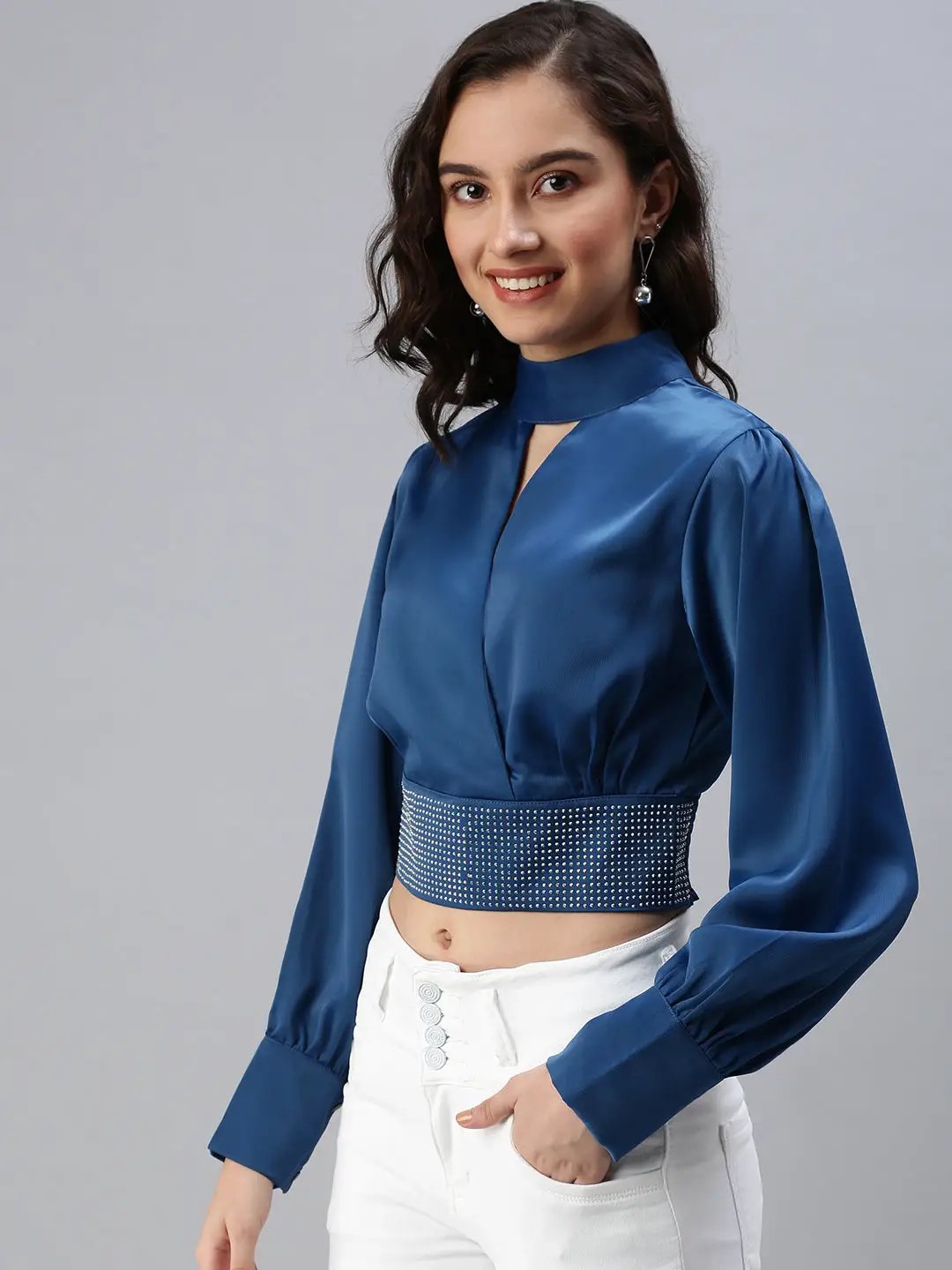 Women's Blue Embellished Crop Top