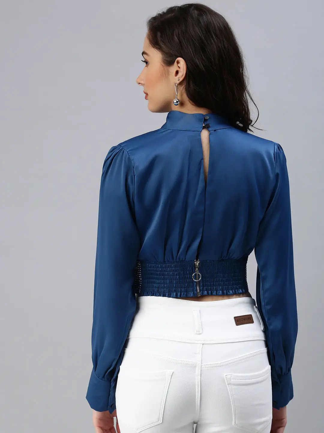 Women's Blue Embellished Crop Top