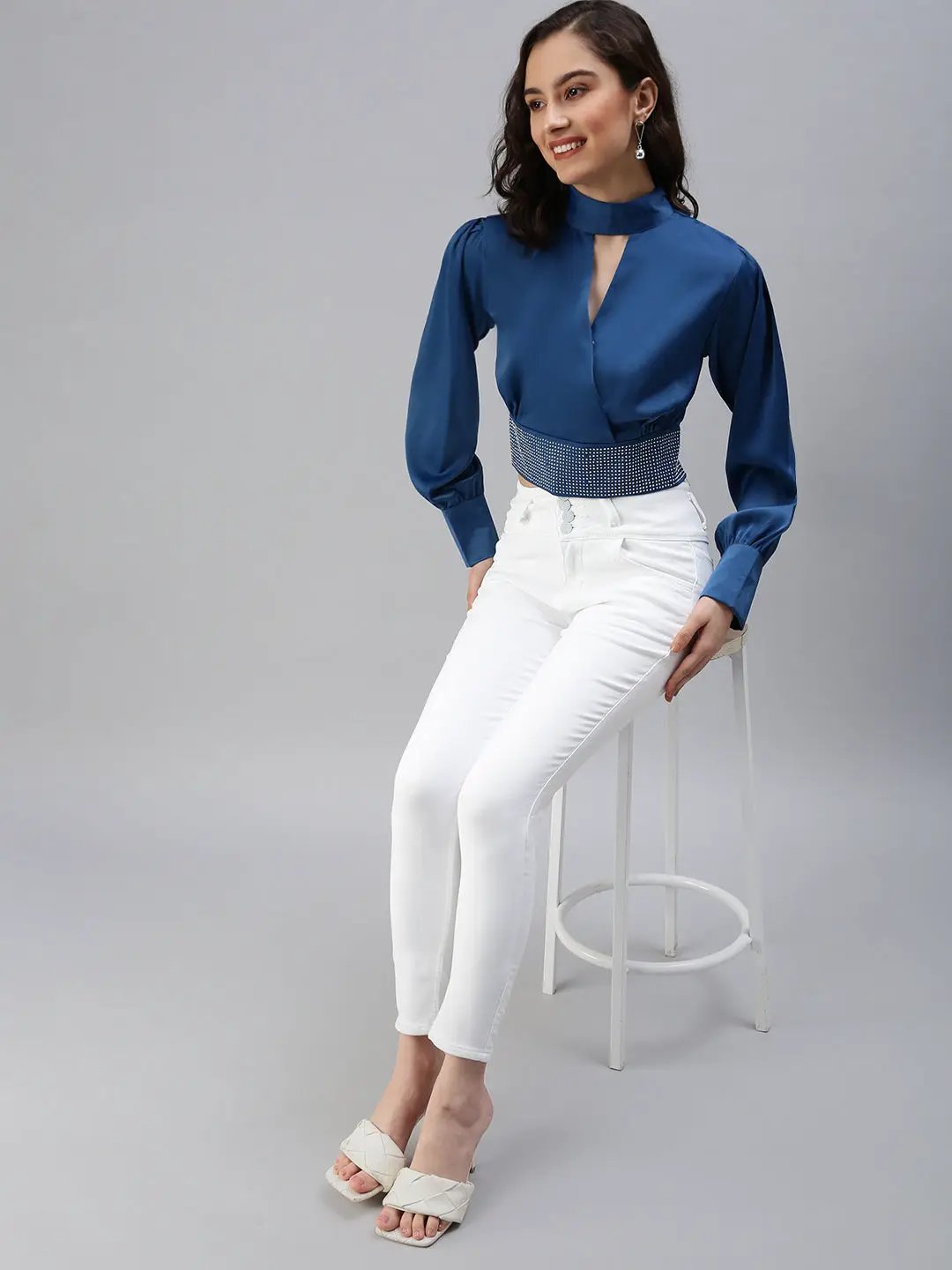 Women's Blue Embellished Crop Top