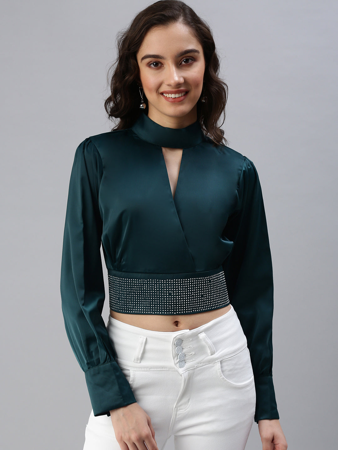 Women's Green Embellished Crop Top