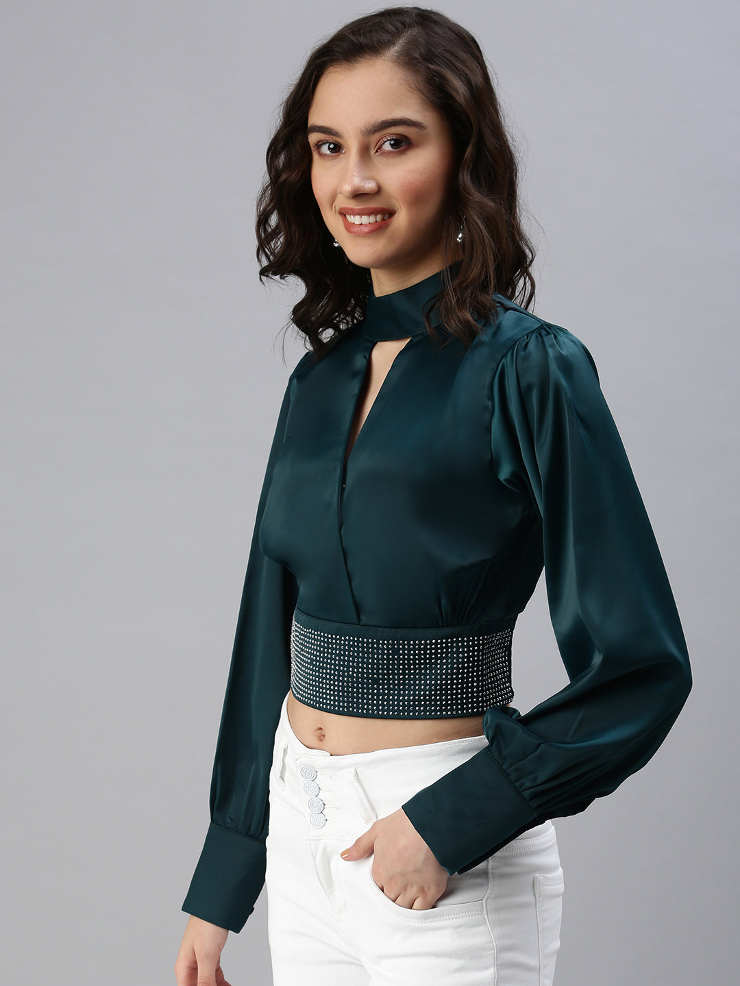 Women's Green Embellished Crop Top