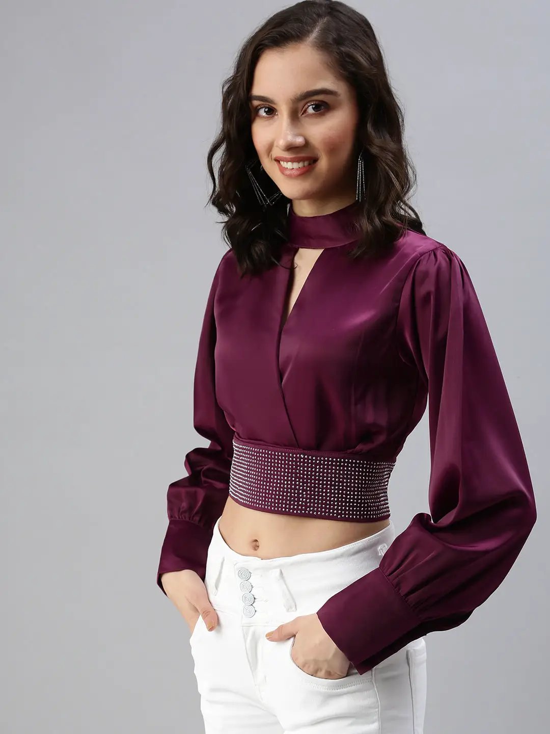 Women's Magenta Embellished Crop Top