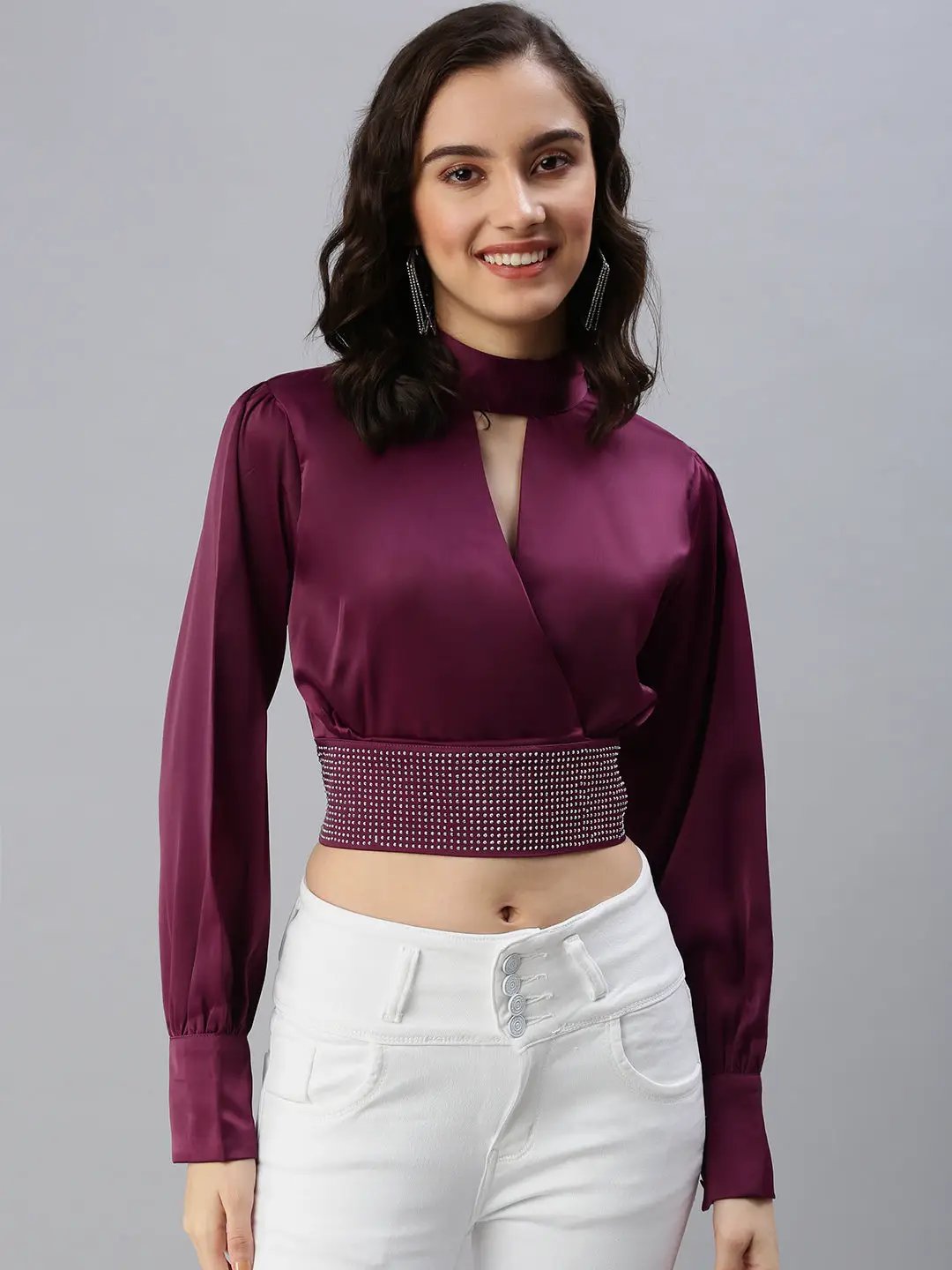 Women's Magenta Embellished Crop Top