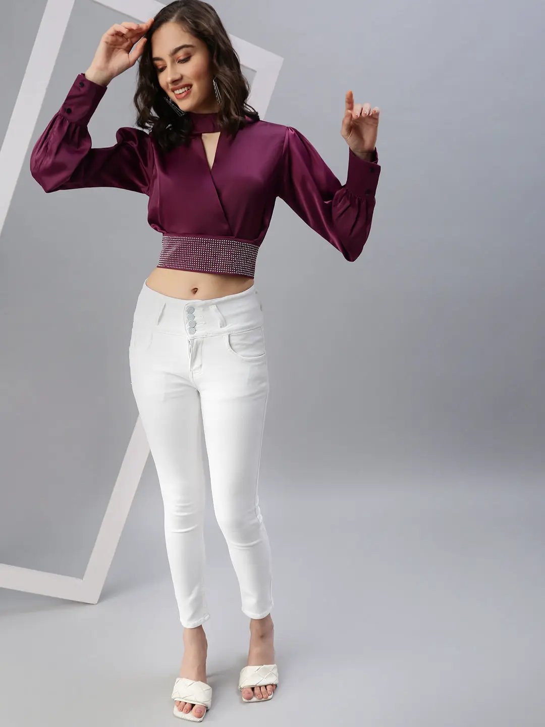 Women's Magenta Embellished Crop Top