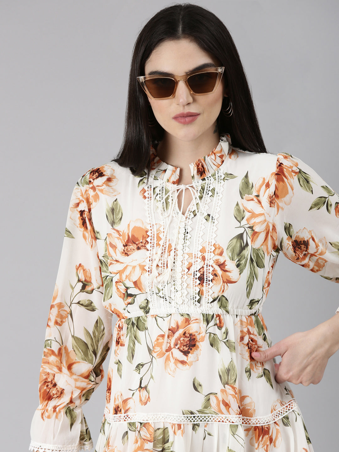 Women Off White Floral Fit and Flare Dress