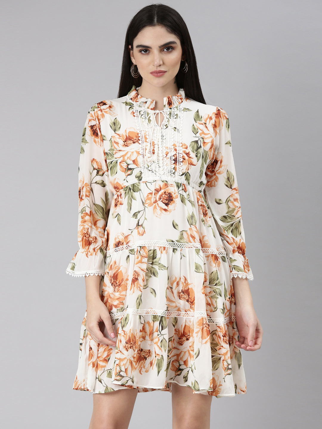 Women Off White Floral Fit and Flare Dress