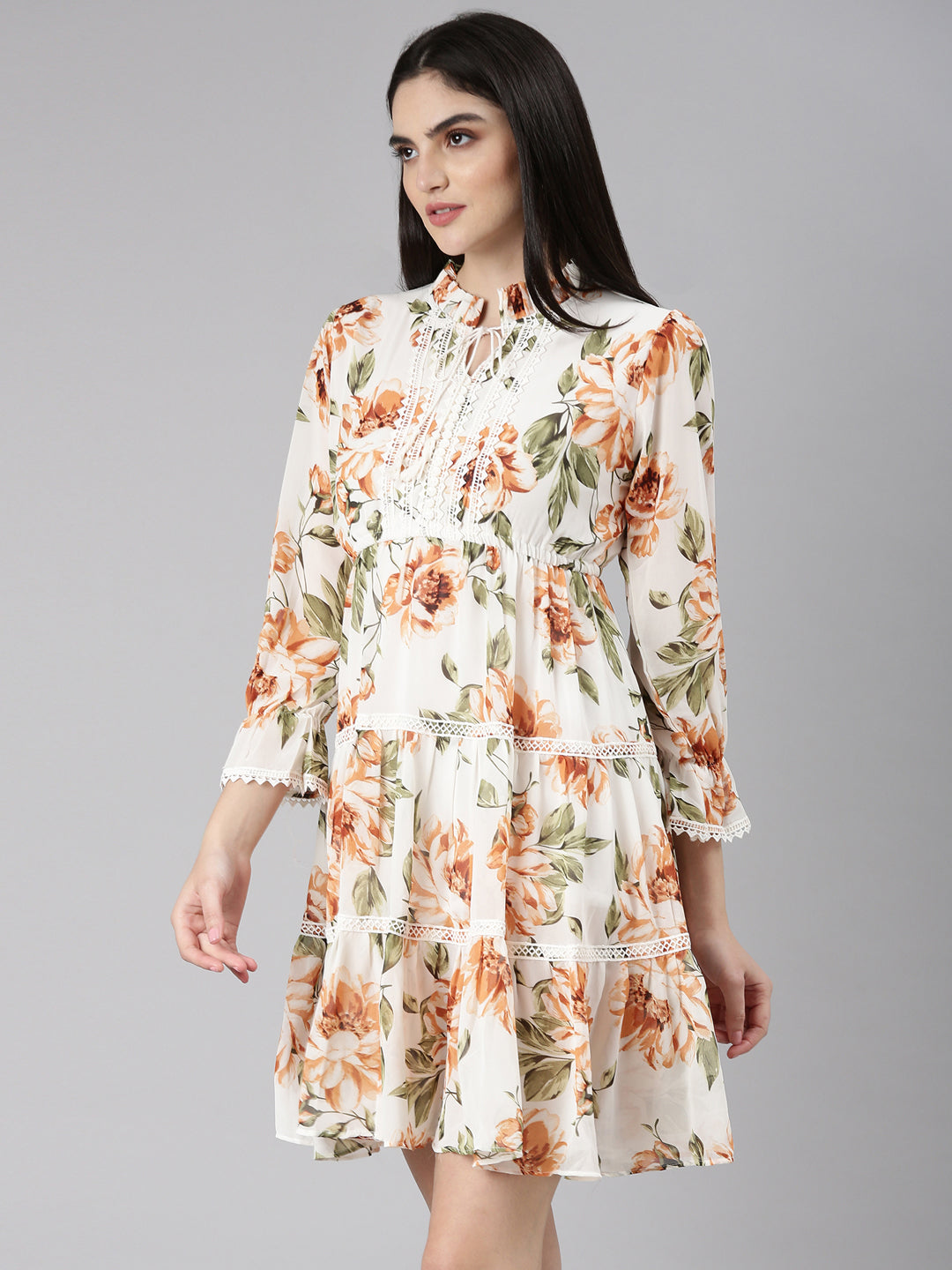 Women Off White Floral Fit and Flare Dress