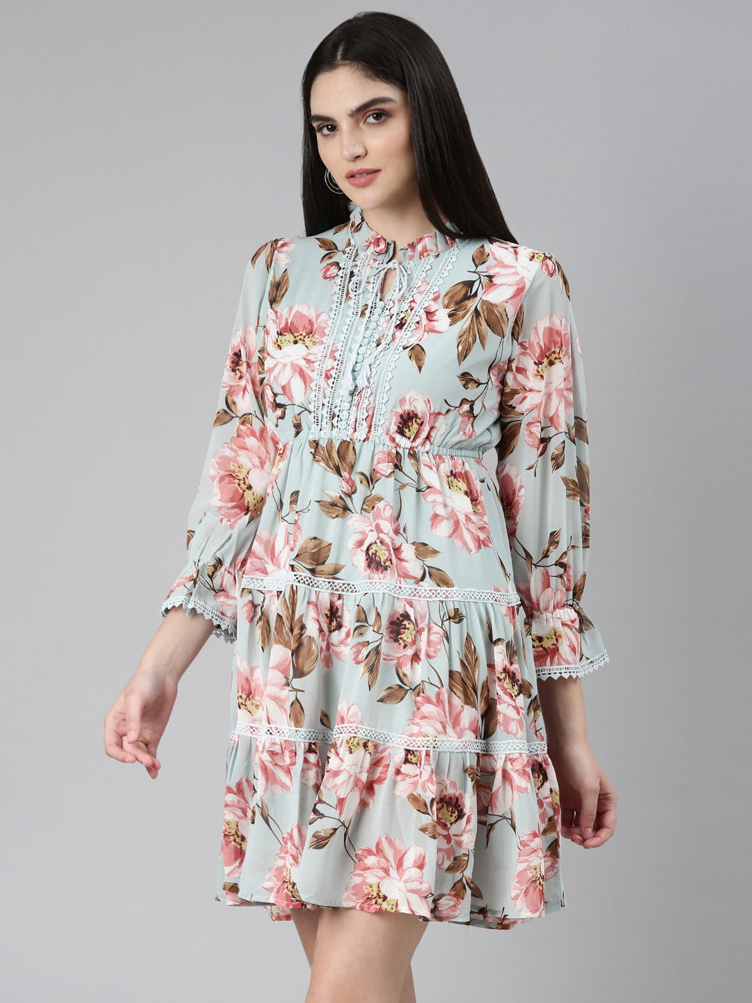 Women Sea Green Floral Fit and Flare Dress