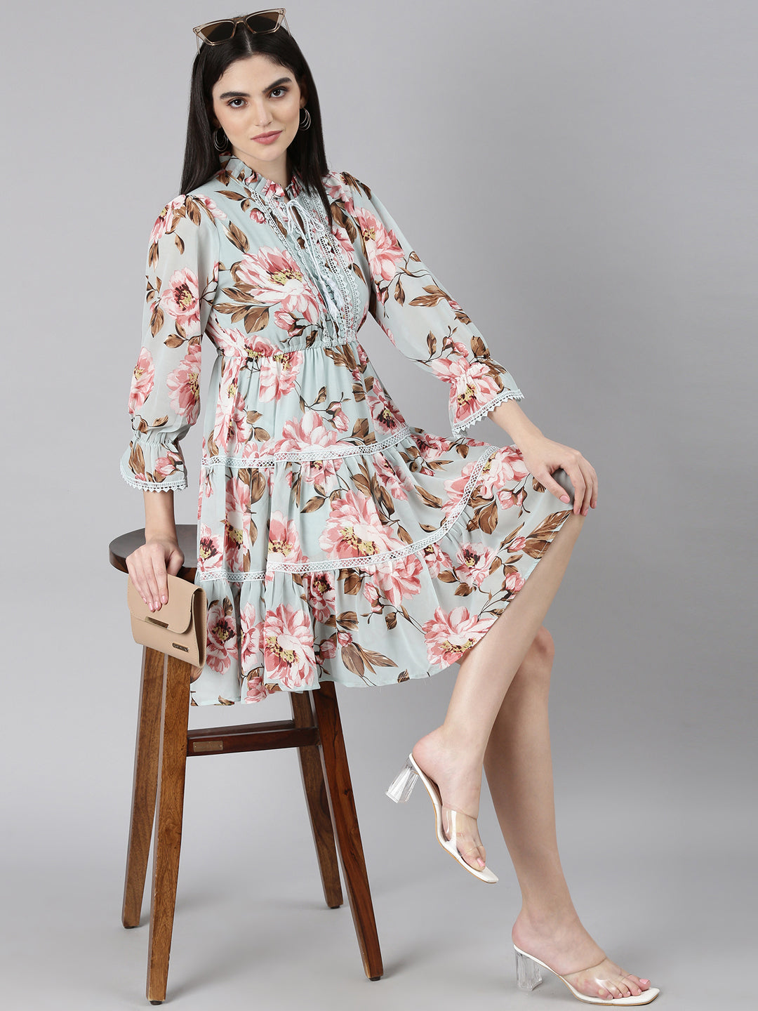 Women Sea Green Floral Fit and Flare Dress