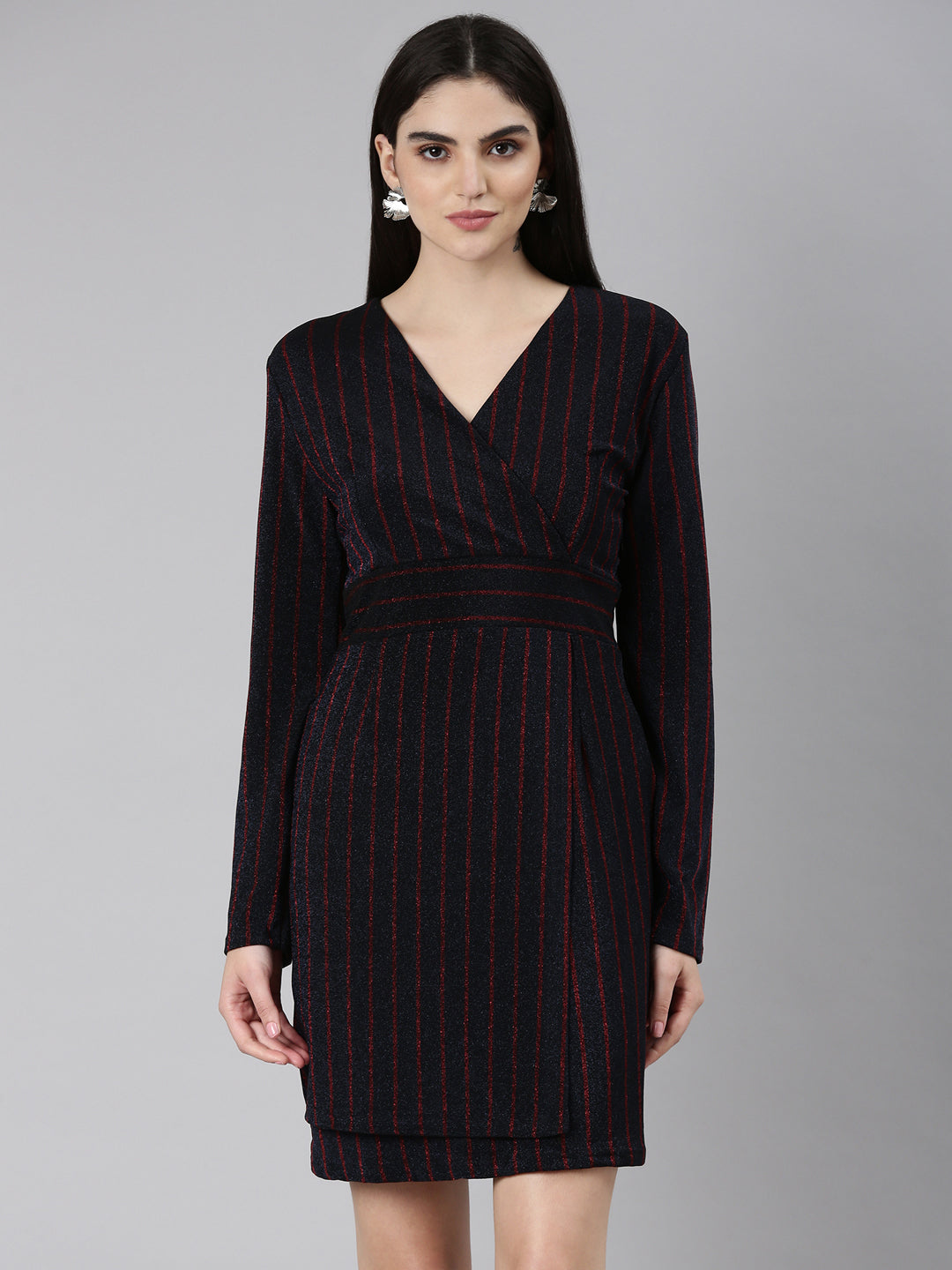 Women Navy Blue Striped Wrap Dress