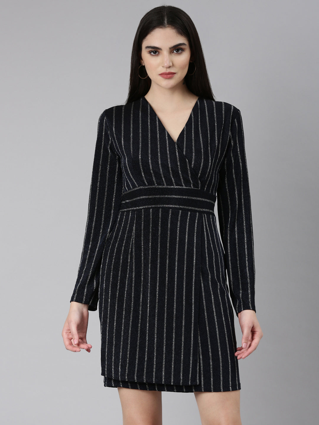 Women Navy Blue Striped Wrap Dress