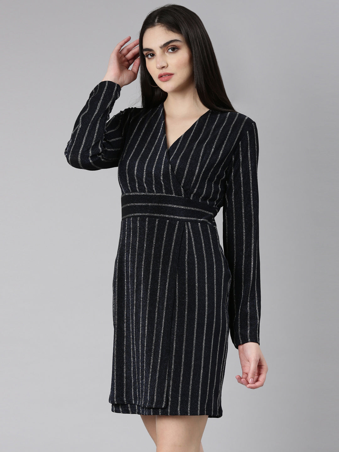 Women Navy Blue Striped Wrap Dress