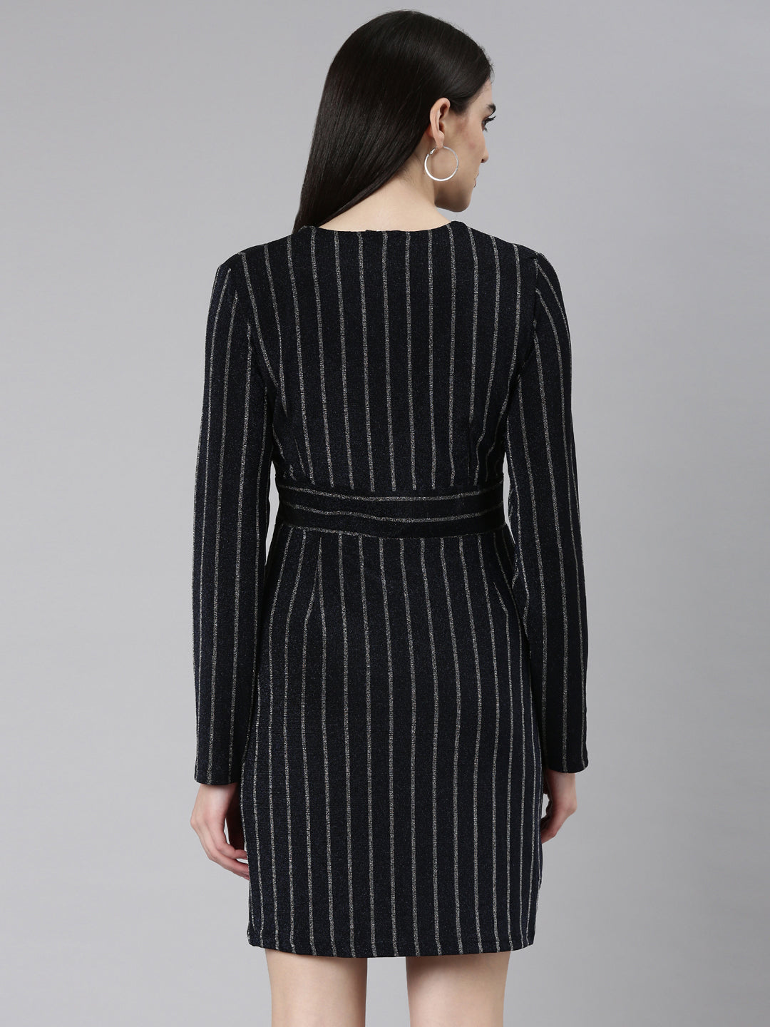 Women Navy Blue Striped Wrap Dress