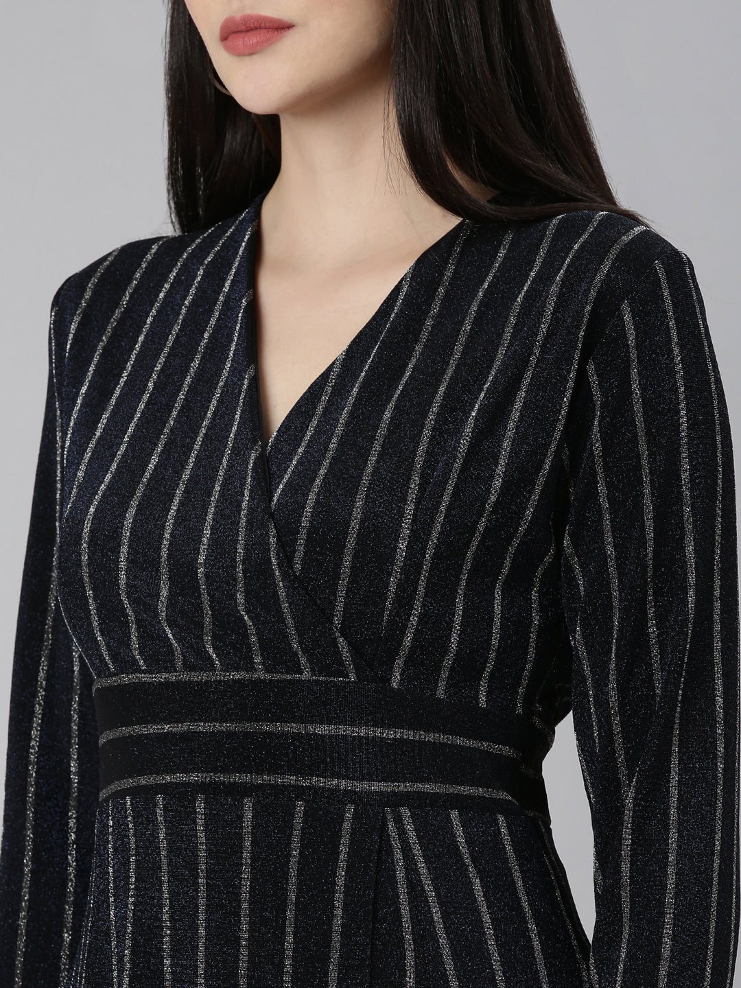 Women Navy Blue Striped Wrap Dress