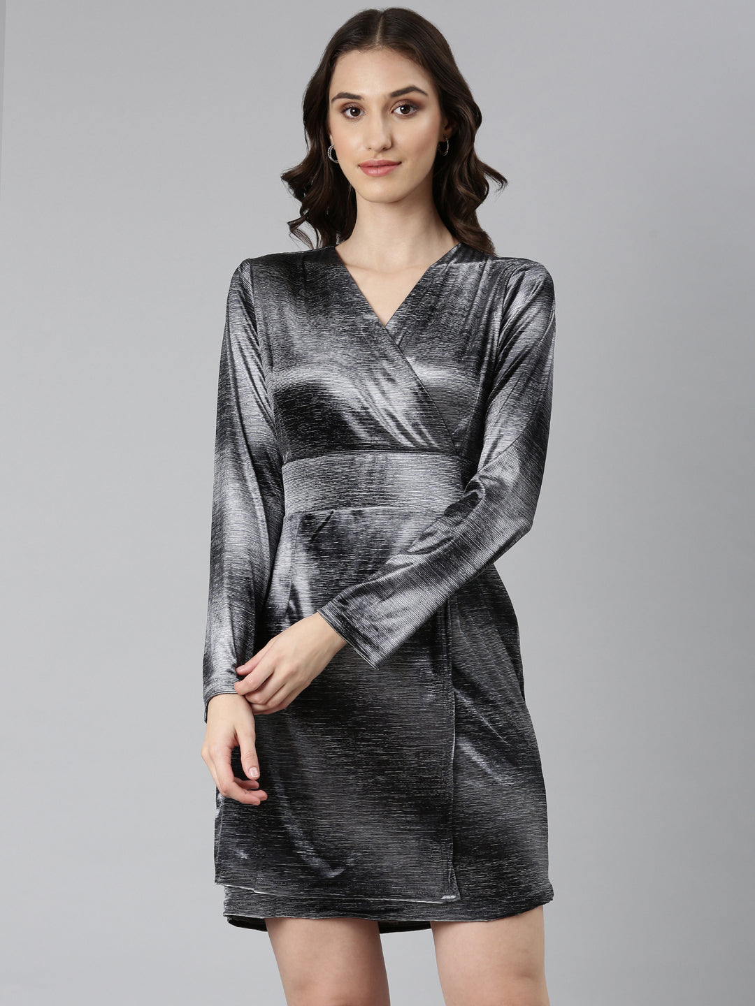 Women Grey Printed Wrap Dress