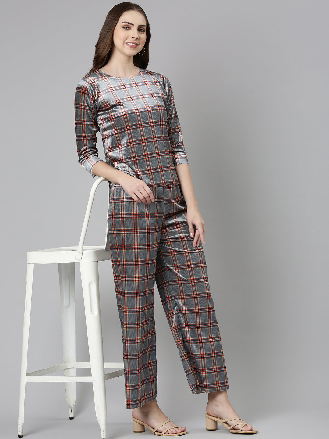 Women Navy Blue Checked Co-Ords