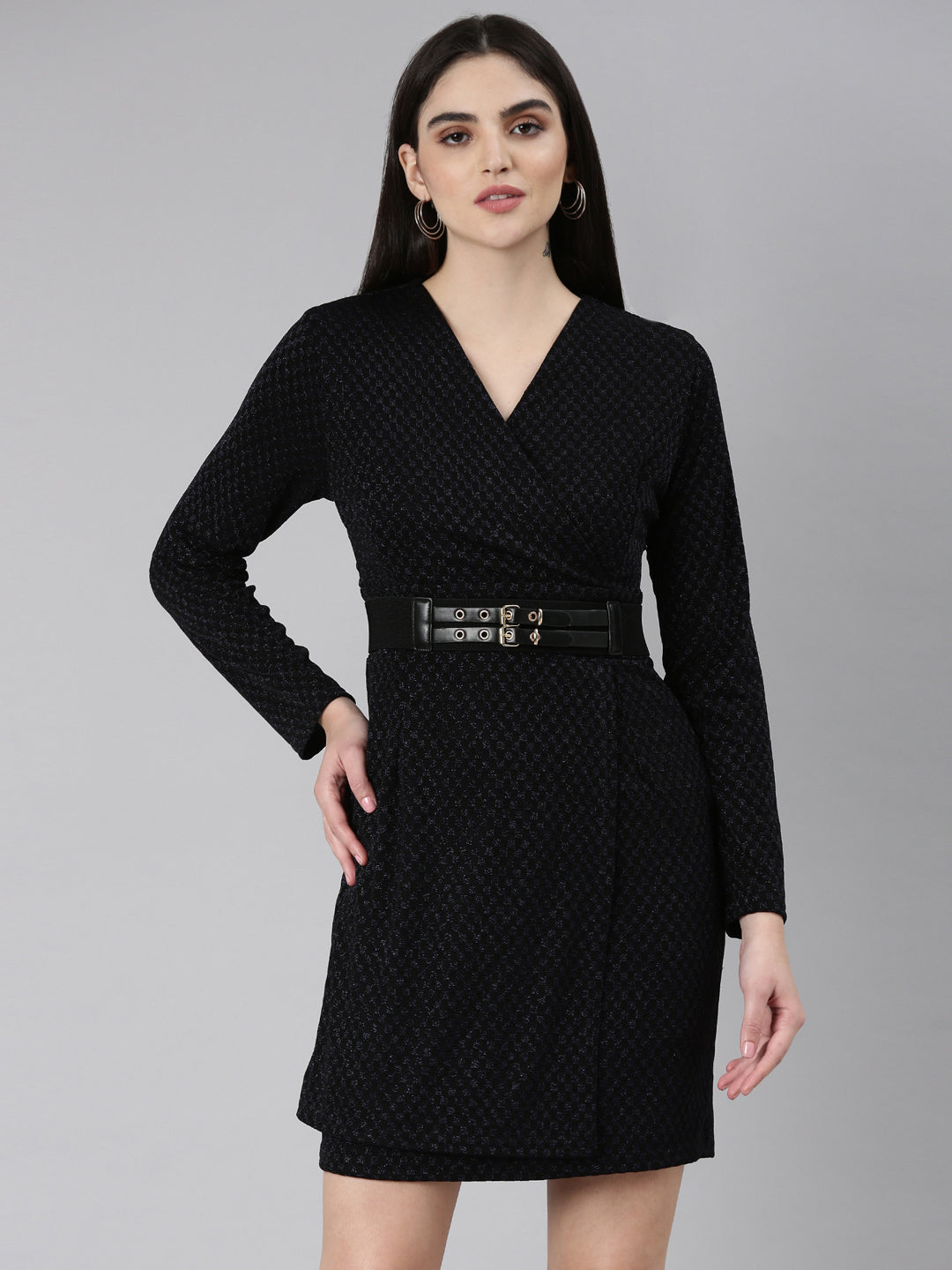 Women Black Embellished Wrap Dress