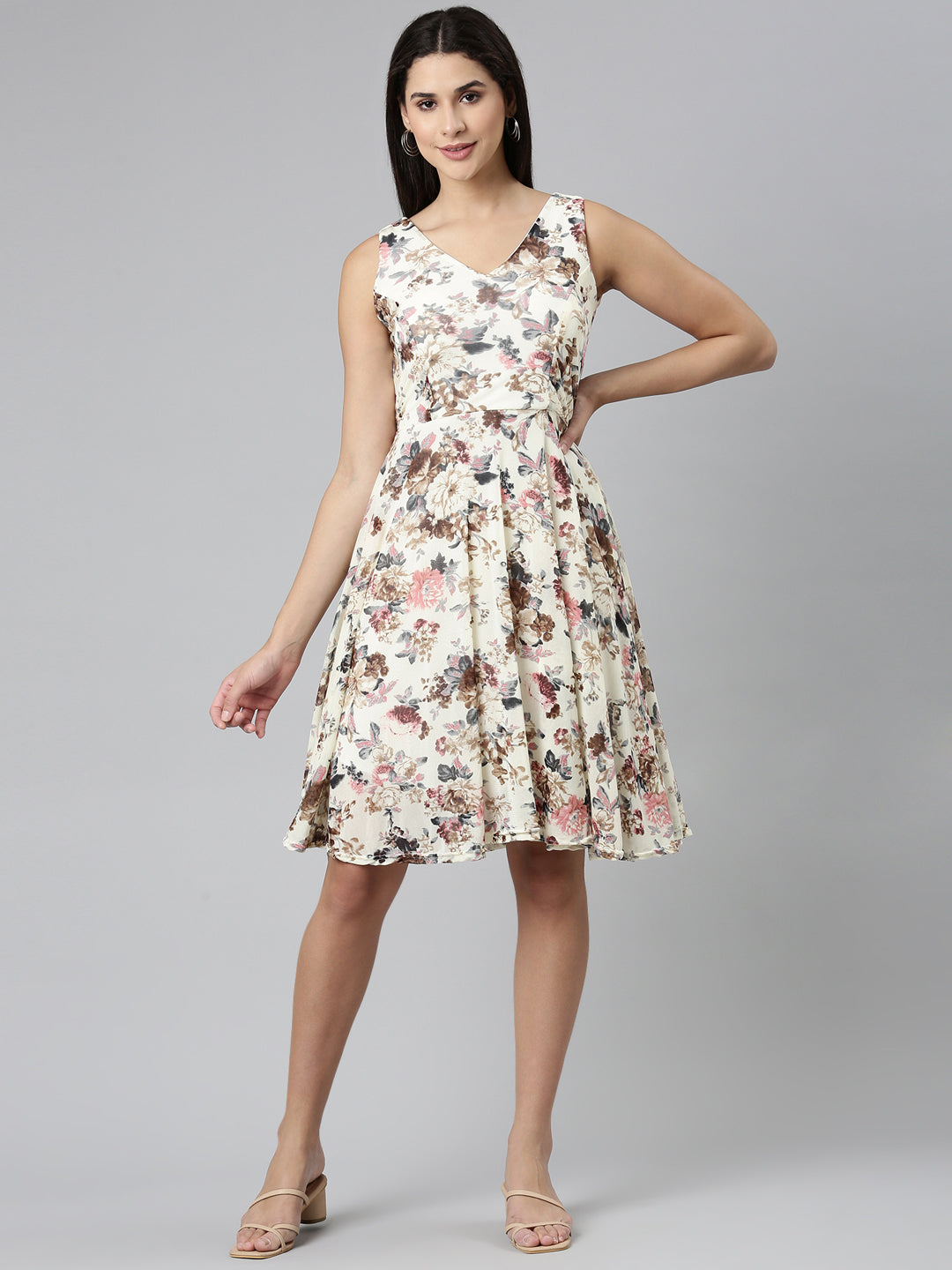 Women Cream Printed Fit and Flare Dress