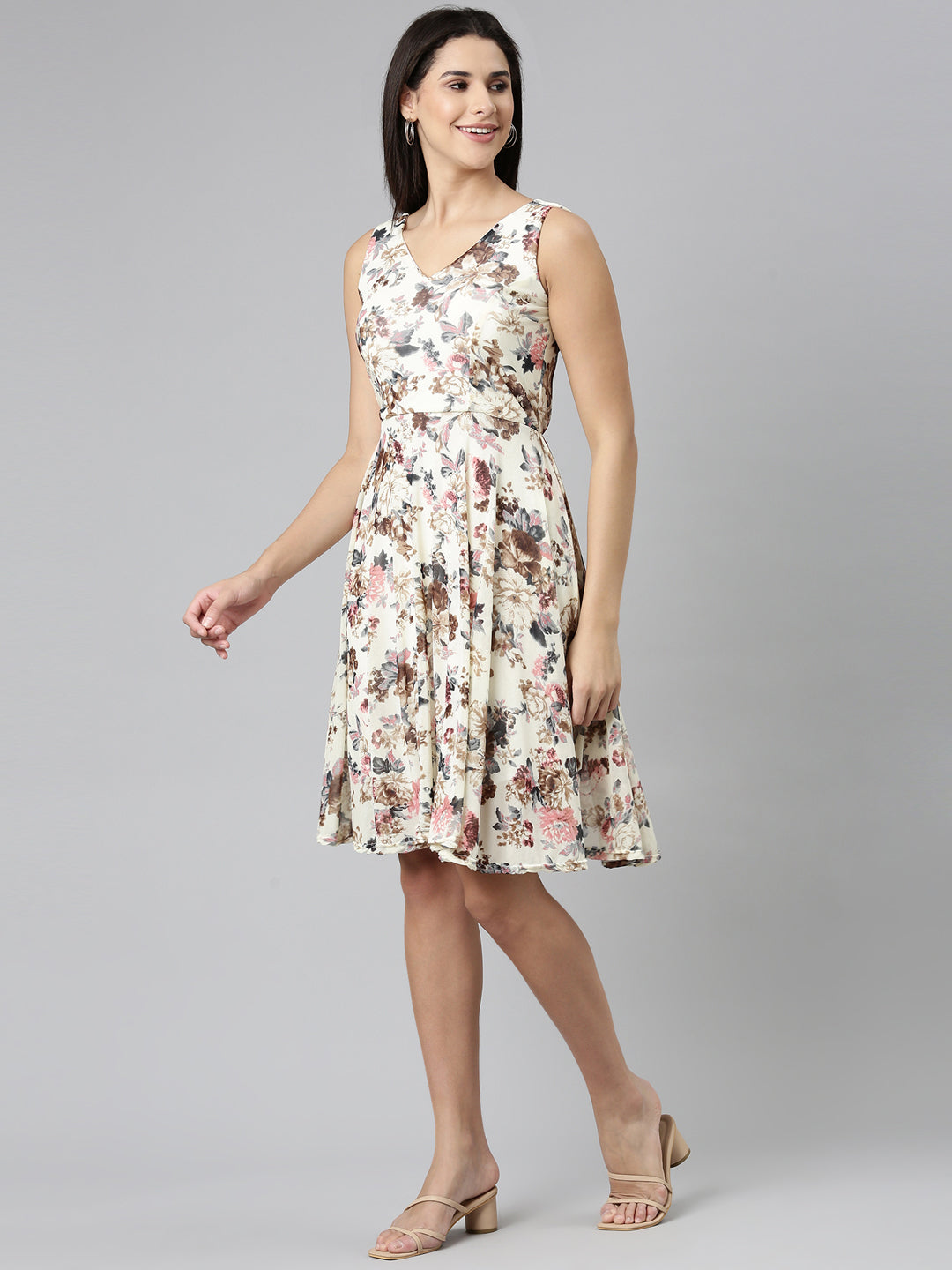 Women Cream Printed Fit and Flare Dress