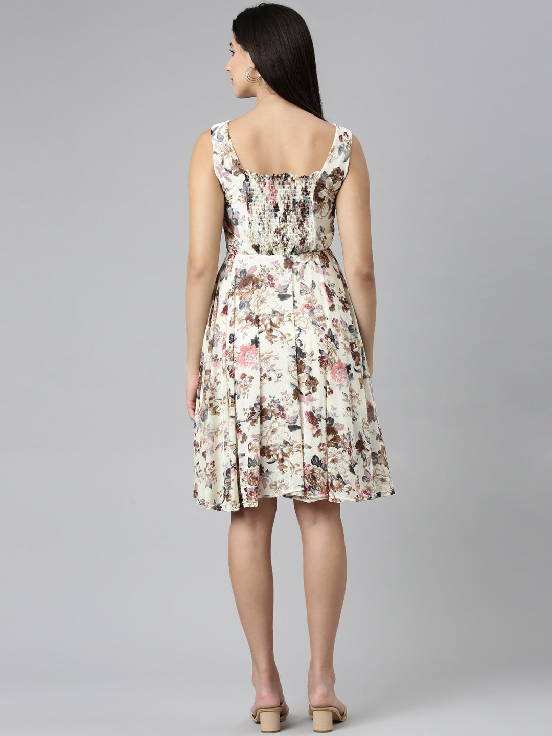 Women Cream Printed Fit and Flare Dress