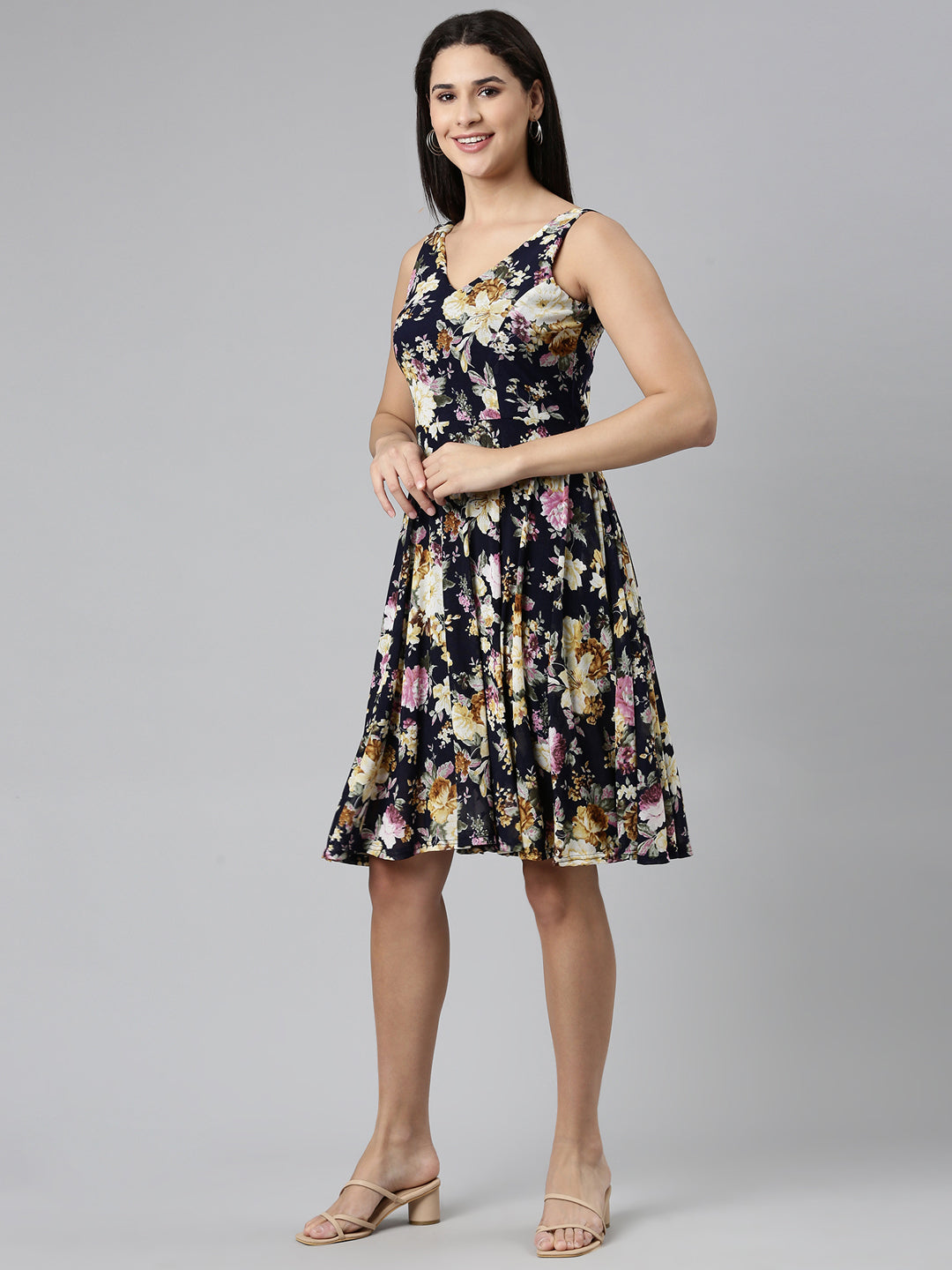 Women Navy Blue Printed Fit and Flare Dress