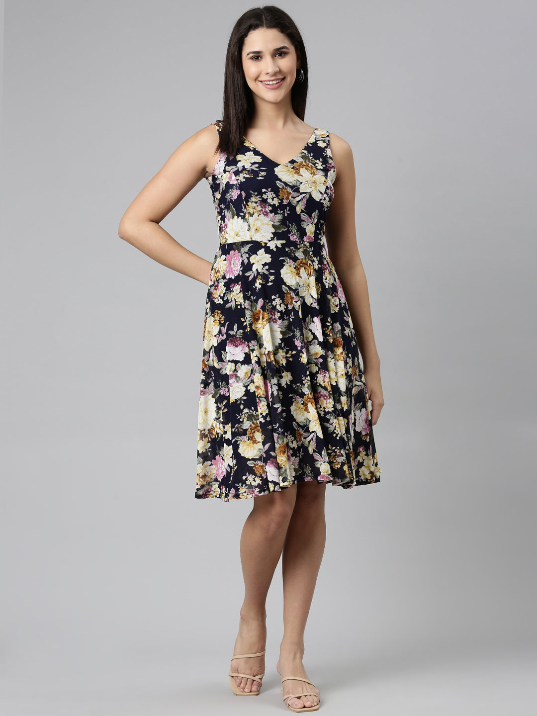 Women Navy Blue Printed Fit and Flare Dress