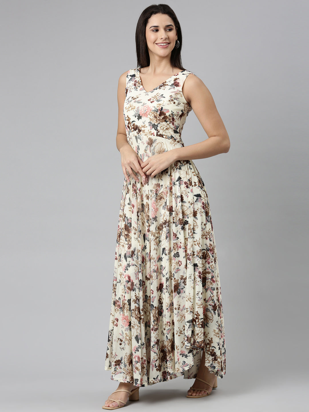 Women Cream Printed Fit and Flare Dress