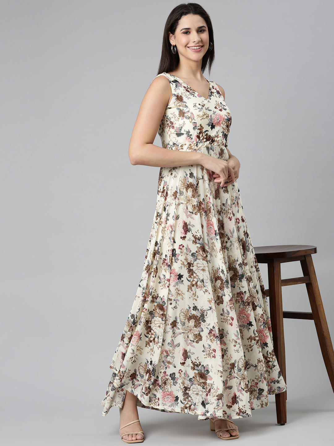 Women Cream Printed Fit and Flare Dress