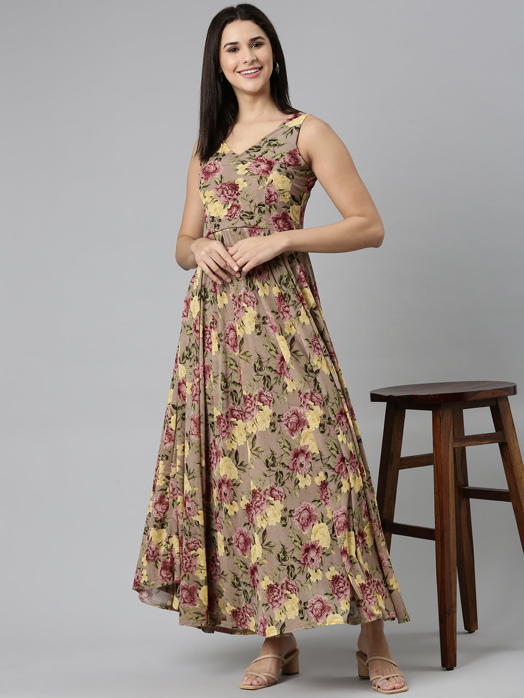 Women Taupe Printed Maxi Dress