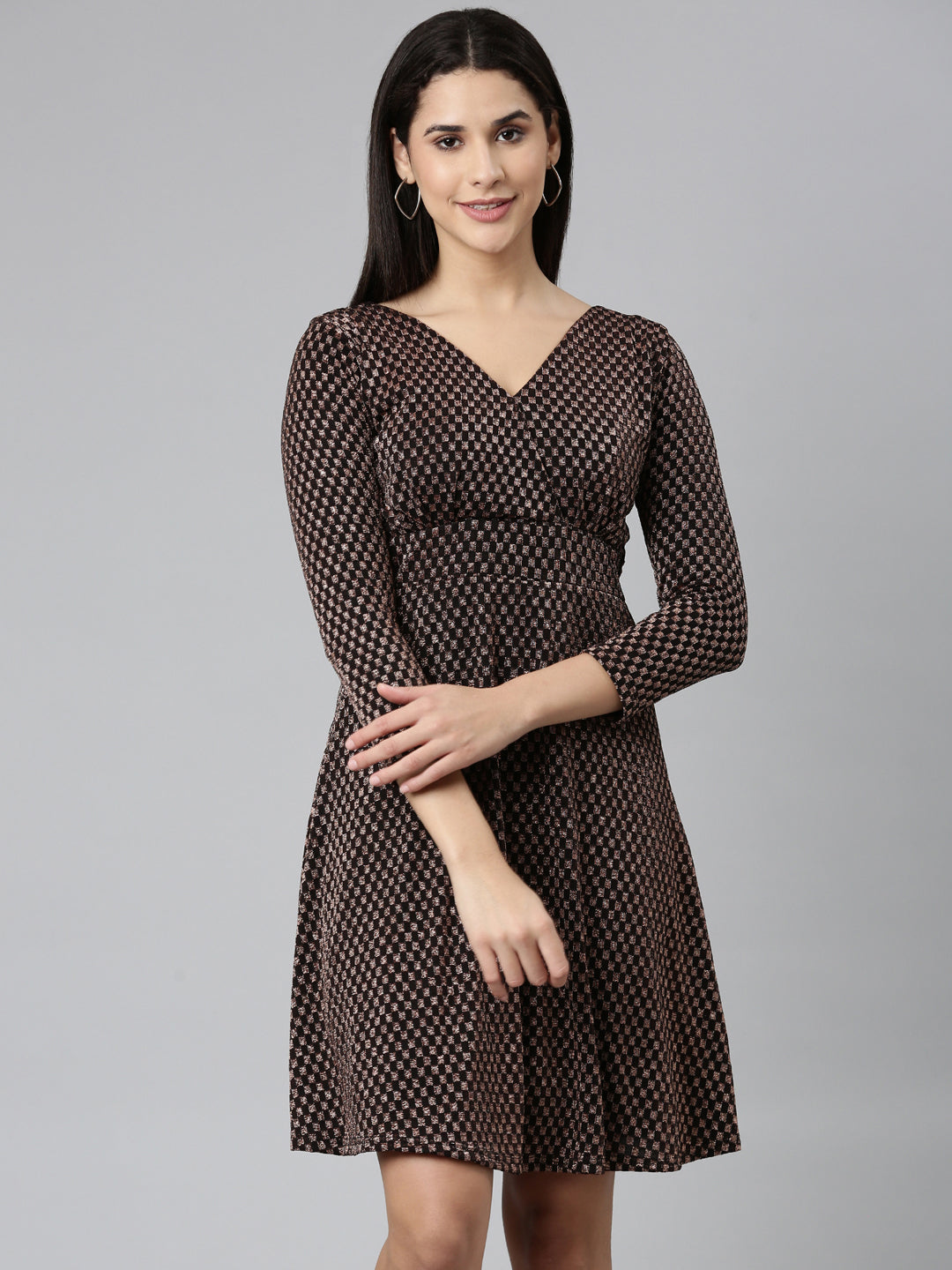 Women Black Checked Fit and Flare Dress