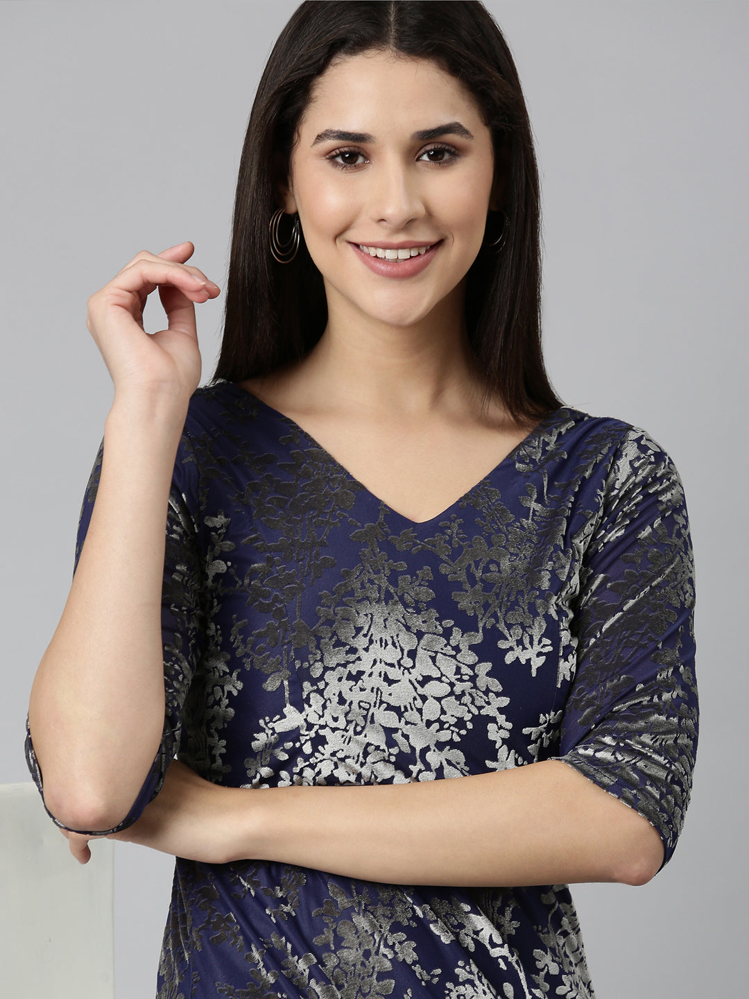 Women Navy Blue Printed Gown Dress