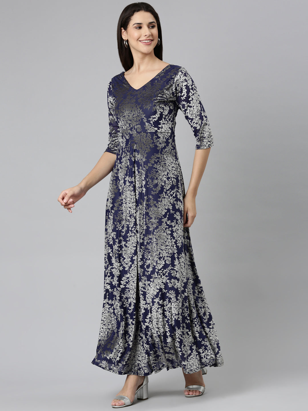 Women Navy Blue Printed Gown Dress