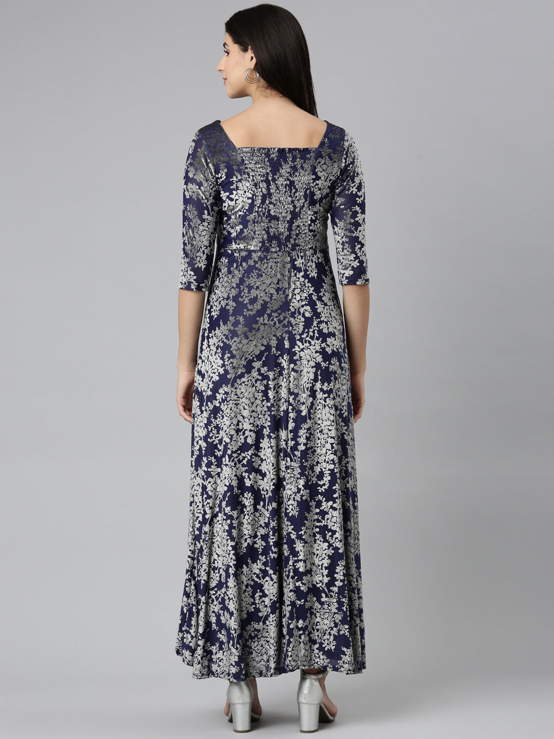 Women Navy Blue Printed Gown Dress