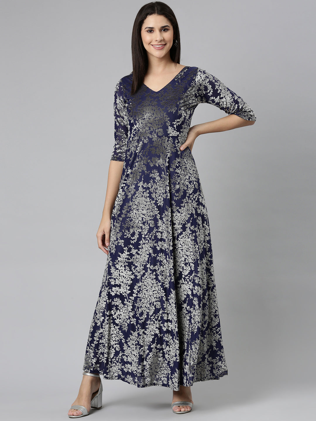 Women Navy Blue Printed Gown Dress