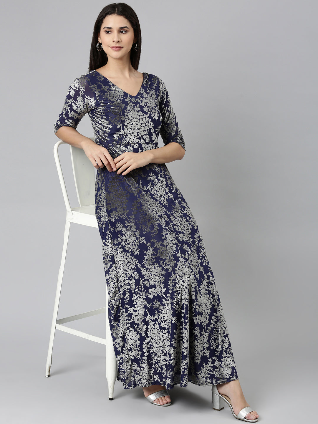 Women Navy Blue Printed Gown Dress