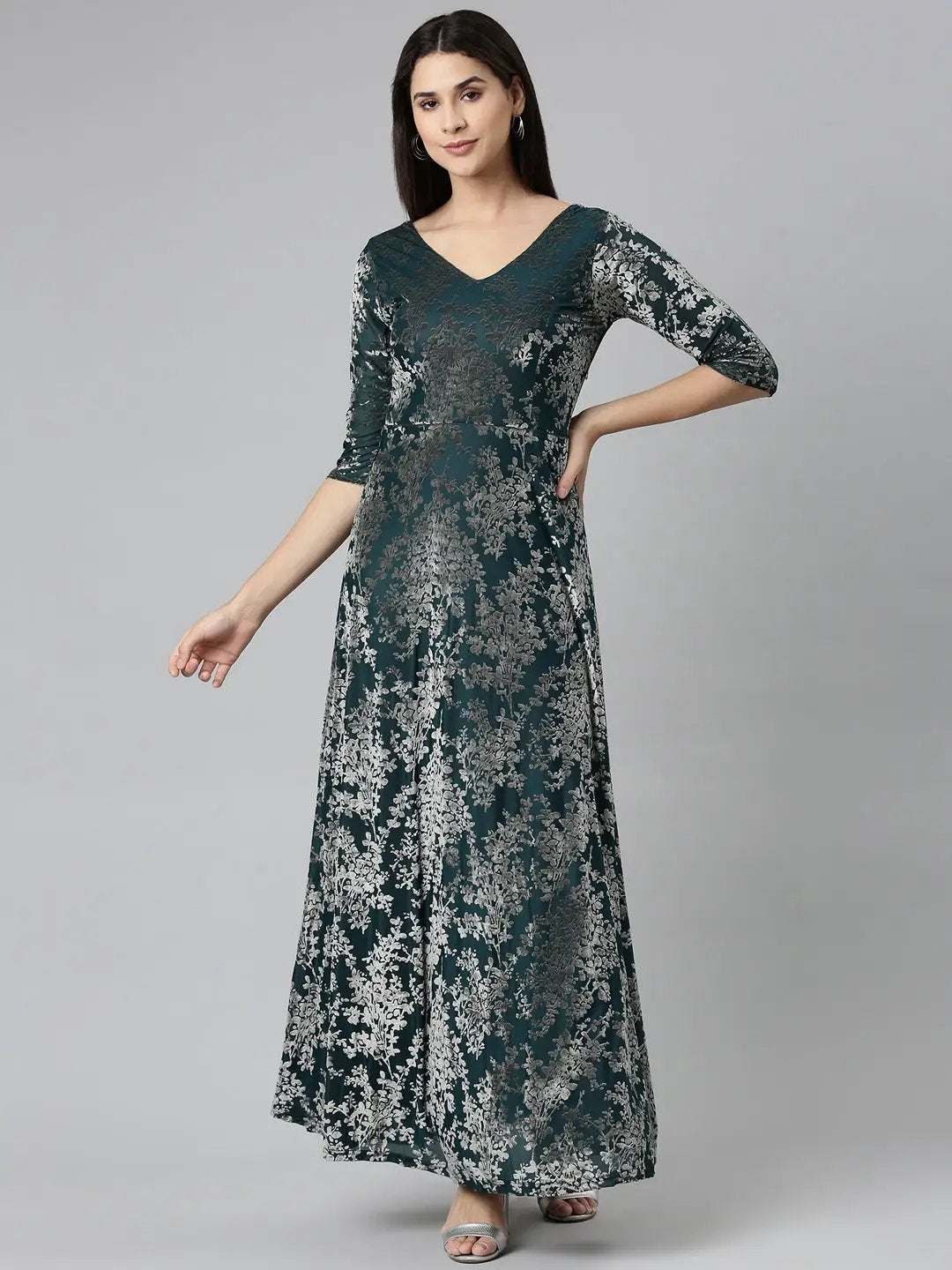 Women's Teal Printed Gown Dress