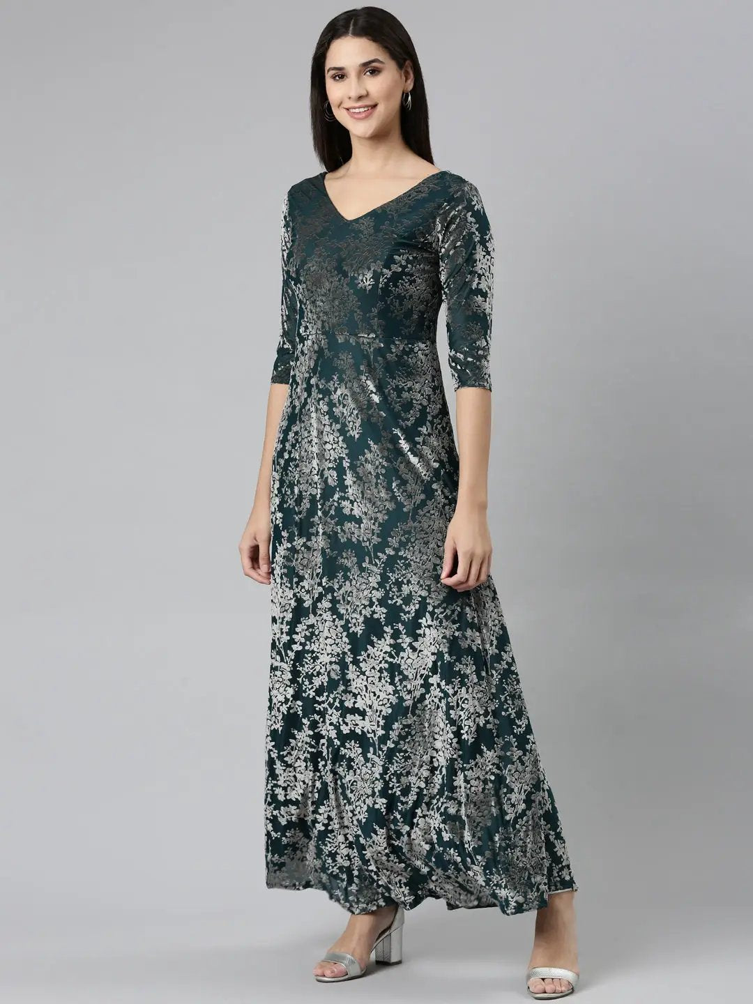 Women's Teal Printed Gown Dress