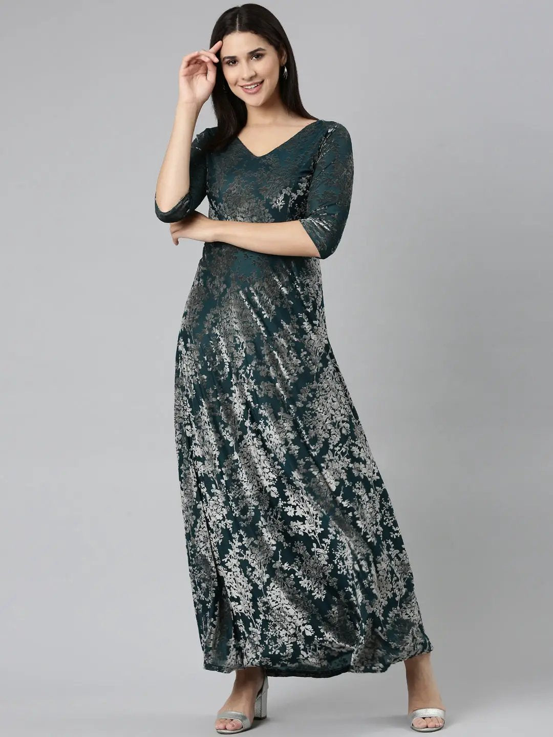 Women's Teal Printed Gown Dress