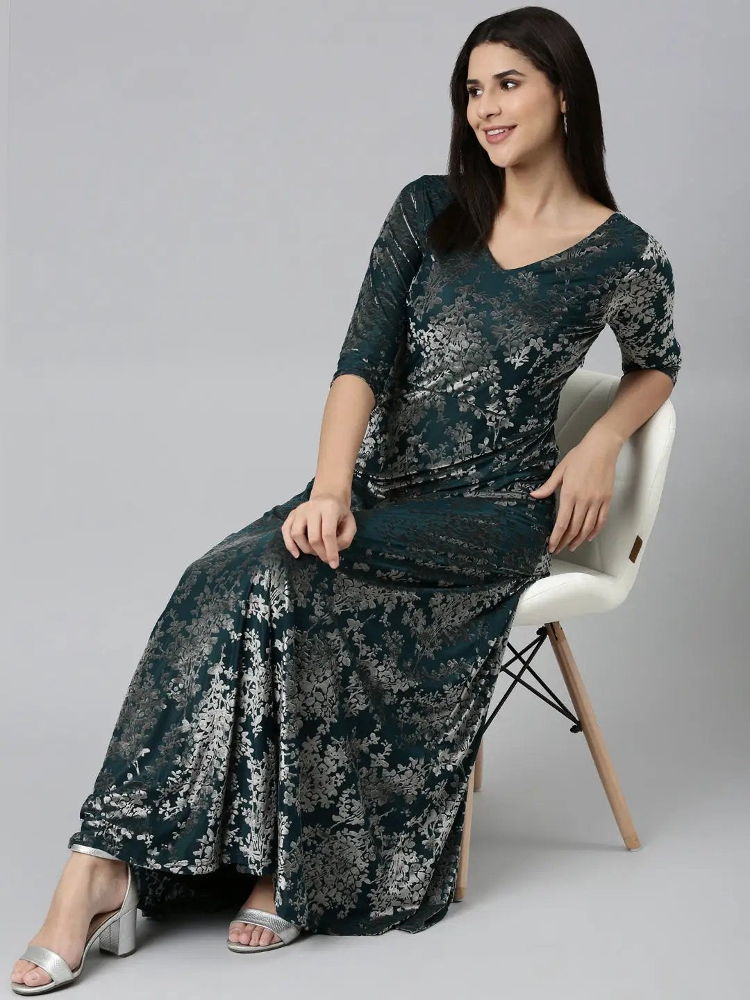 Women's Teal Printed Gown Dress