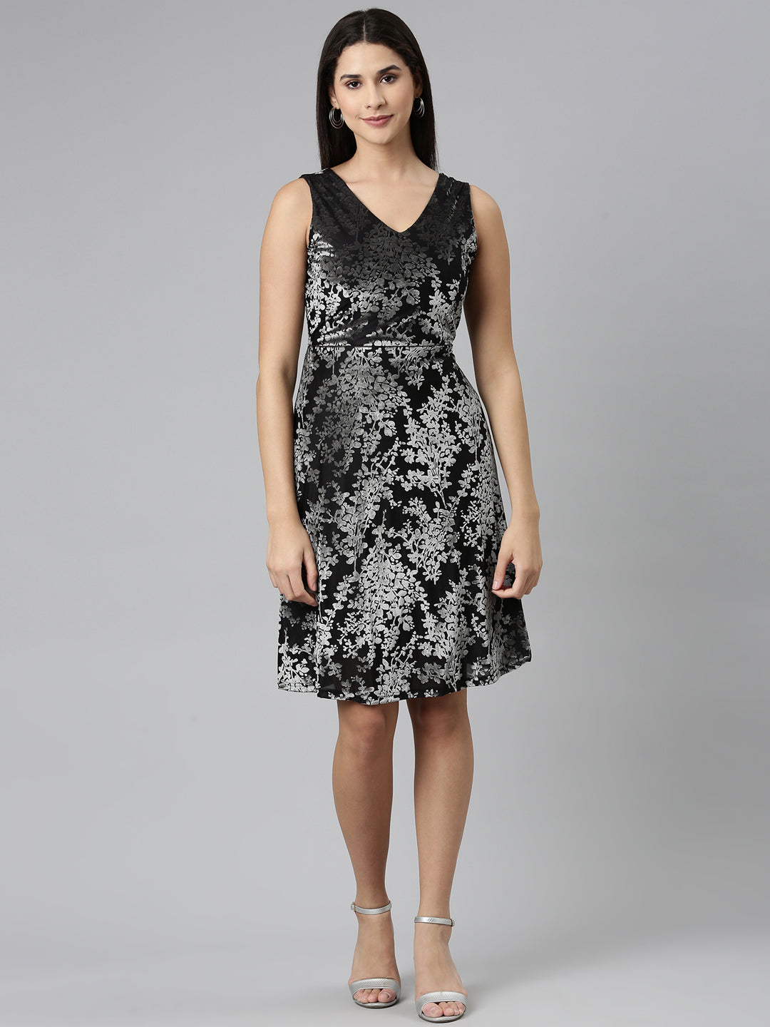 Women Black Printed Fit and Flare Dress