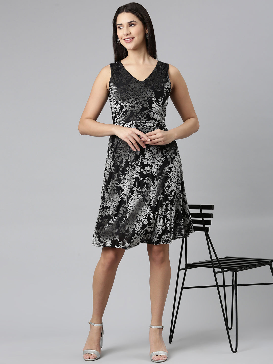 Women Black Printed Fit and Flare Dress