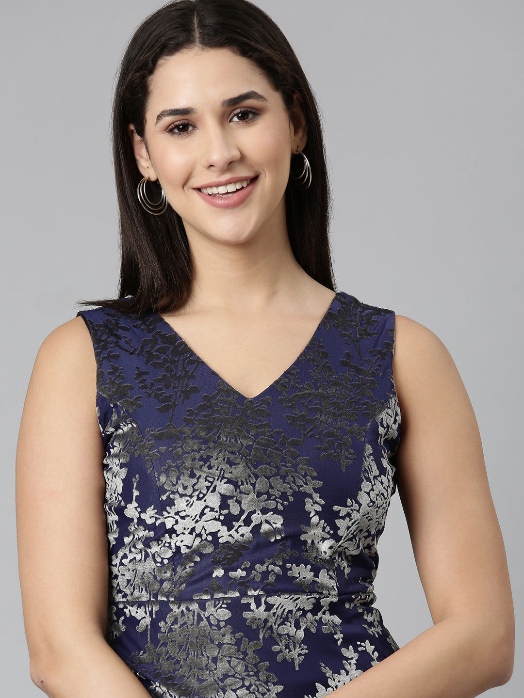 Women Navy Blue Printed Fit and Flare Dress