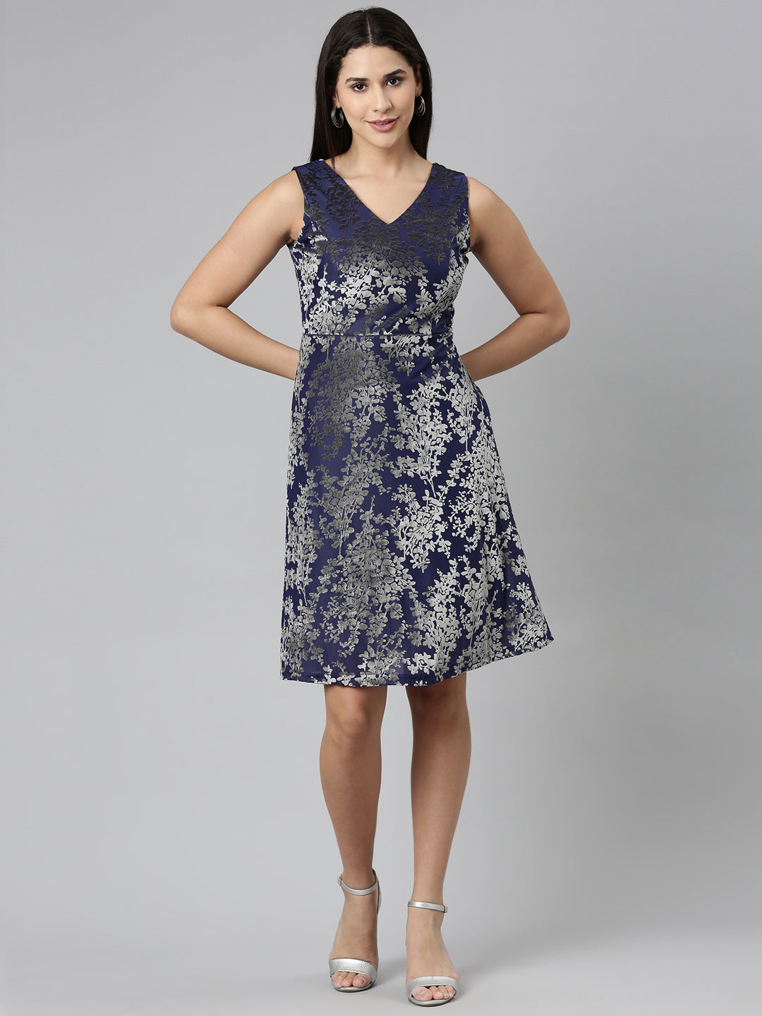 Women Navy Blue Printed Fit and Flare Dress