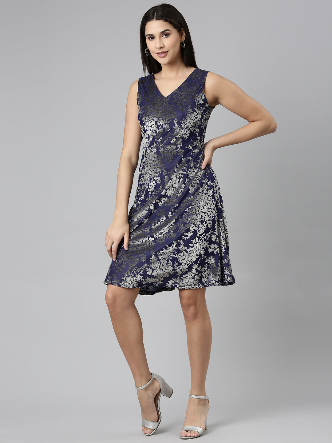 Women Navy Blue Printed Fit and Flare Dress