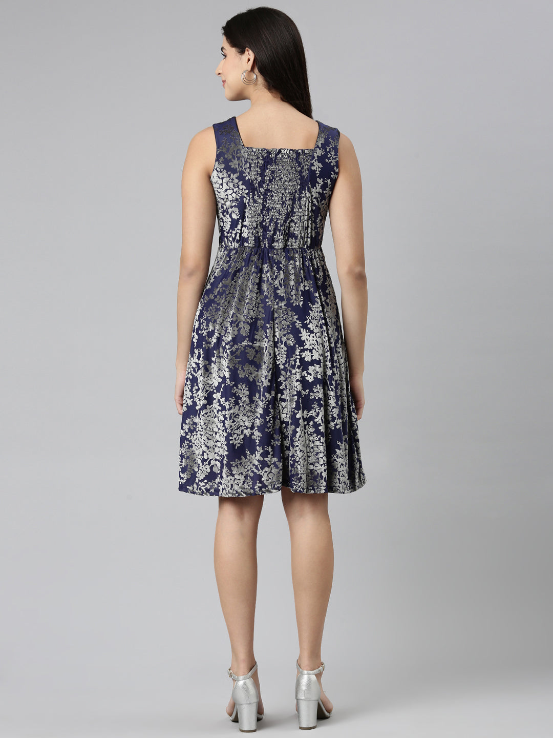 Women Navy Blue Printed Fit and Flare Dress