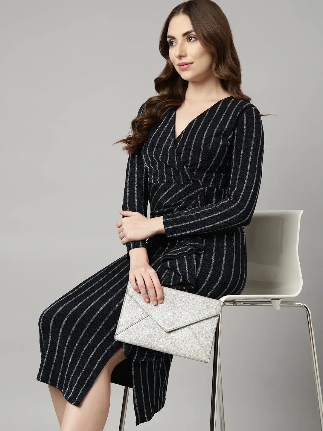 Women's Navy Blue Striped Knee Length Bodycon Dress
