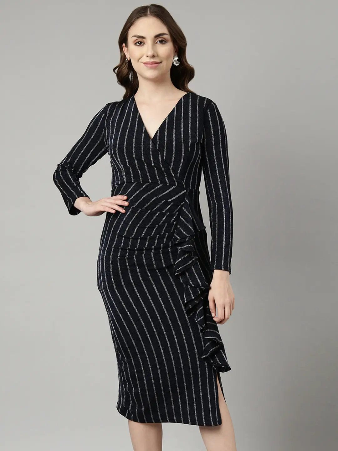 Women's Navy Blue Striped Knee Length Bodycon Dress