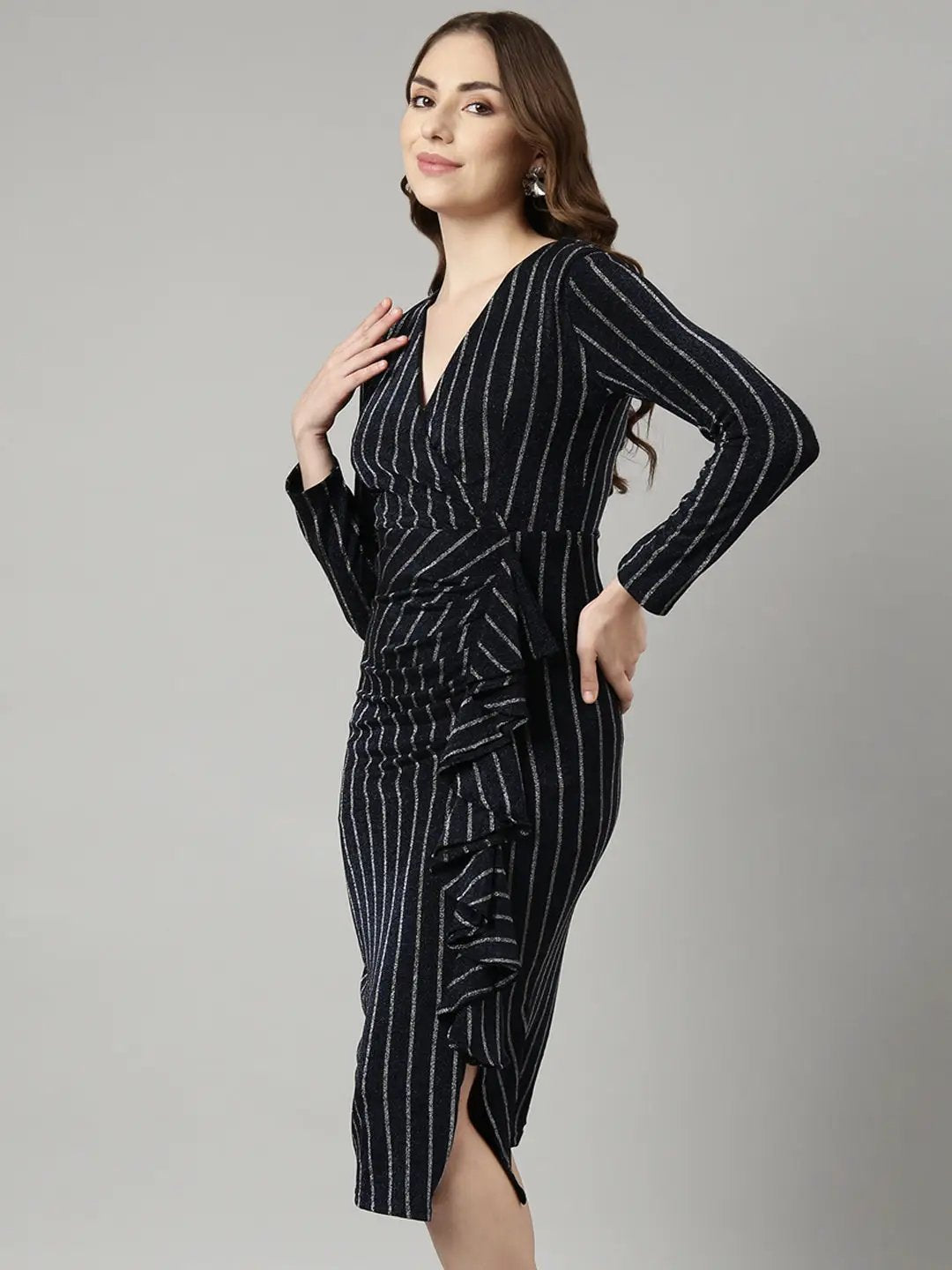 Women's Navy Blue Striped Knee Length Bodycon Dress